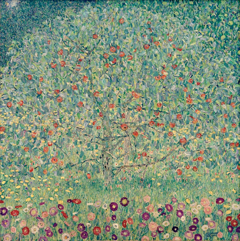 Kunstdruck des Gemäldes „Apfelbaum I“ von Gustav Klimt – hochwertige Reproduktion einer farbenfrohen Landschaft mit blühendem Baum.
