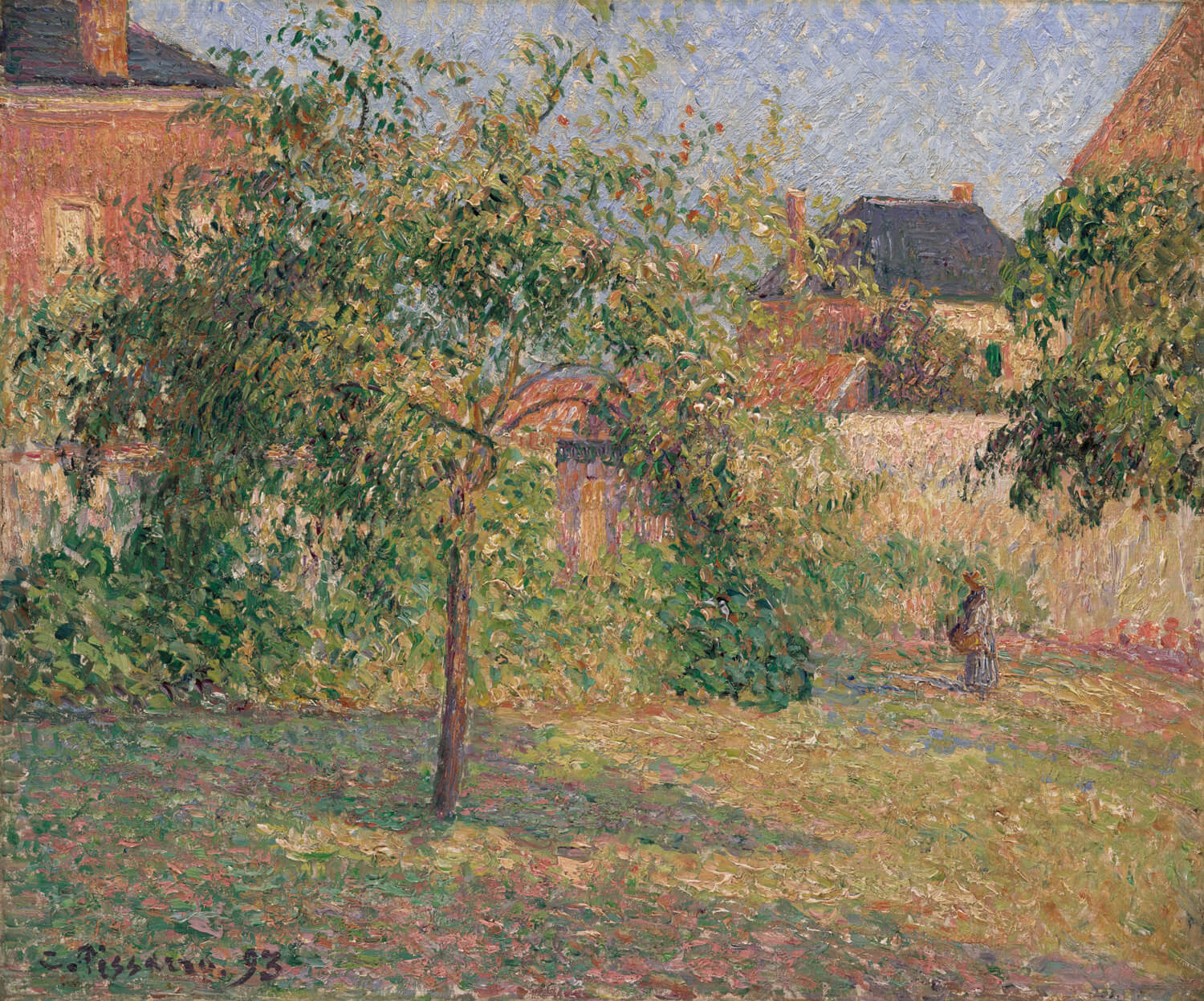 "Das Gemälde 'Apfelbaum auf der Wiese, Eragny' von Camille Pissarro zeigt einen Apfelbaum auf einem weiten Feld in sanften Pastelltönen. Das Bild fängt die ruhige Atmosphäre des ländlichen Lebens und den harmonischen Einklang mit der Natur im impressionistischen Stil ein."