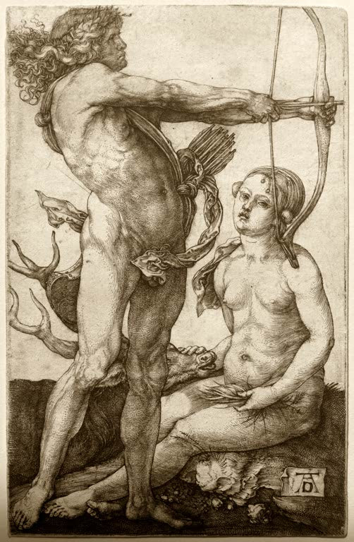 Kunstdruck des Gemäldes „Apollo und Diana“ von Albrecht Dürer. Hochwertiger Fine-Art-Druck, in Deutschland per Hand gefertigt, erhältlich auf Leinwand oder als Poster.