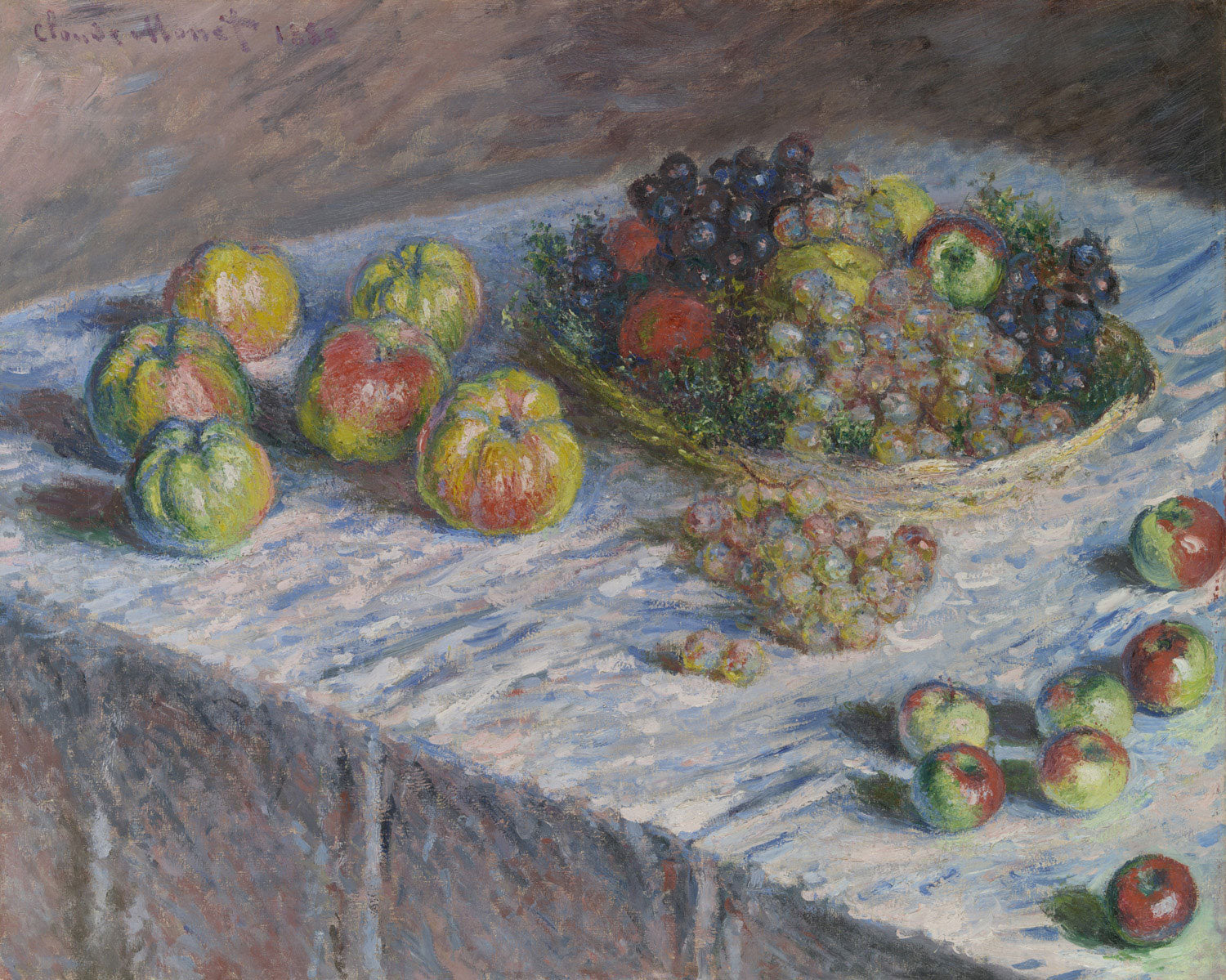 Ein Stillleben mit Äpfeln und Trauben von Claude Monet, das zarte Pinselstriche und lebendige Farben zeigt und die natürliche Schönheit der Früchte hervorhebt. Das Werk spiegelt Monets Können wider, Licht und Textur einzufangen und eine zeitlose, ruhige Atmosphäre zu schaffen.