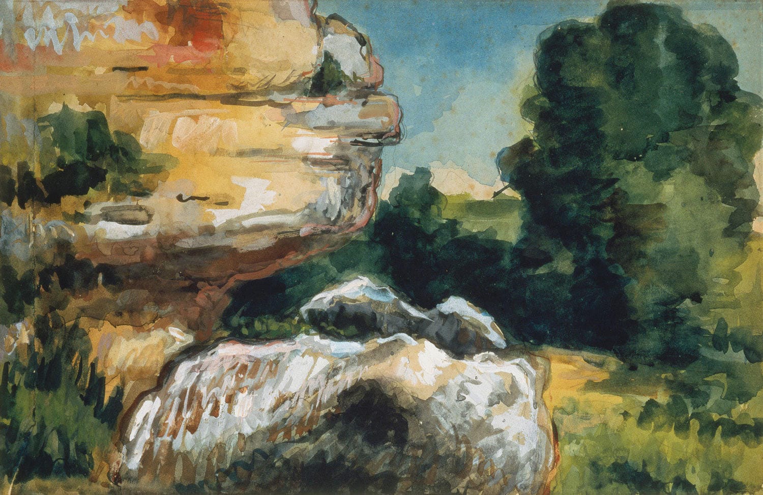 Aquarelle, Impression d’après nature" von Paul Cézanne – eine impressionistische Aquarellmalerei mit sanften Farbverläufen und natürlicher Lichtstimmung, die die Essenz der Natur einfängt.