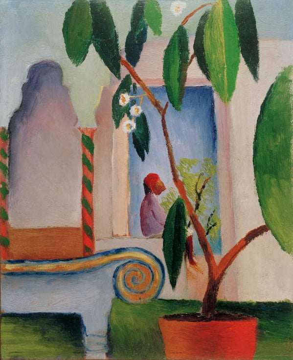 Kunstdruck des Gemäldes „Arabisches Café (kleiner Türke)“ von August Macke. Hochwertig in Deutschland von Hand gefertigt, erhältlich als Poster oder Leinwand und optional gerahmt.