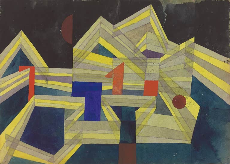 Kunstdruck „Architektur, transparent-strukturell“ von Paul Klee mit abstrakten, transparent wirkenden architektonischen Strukturen


