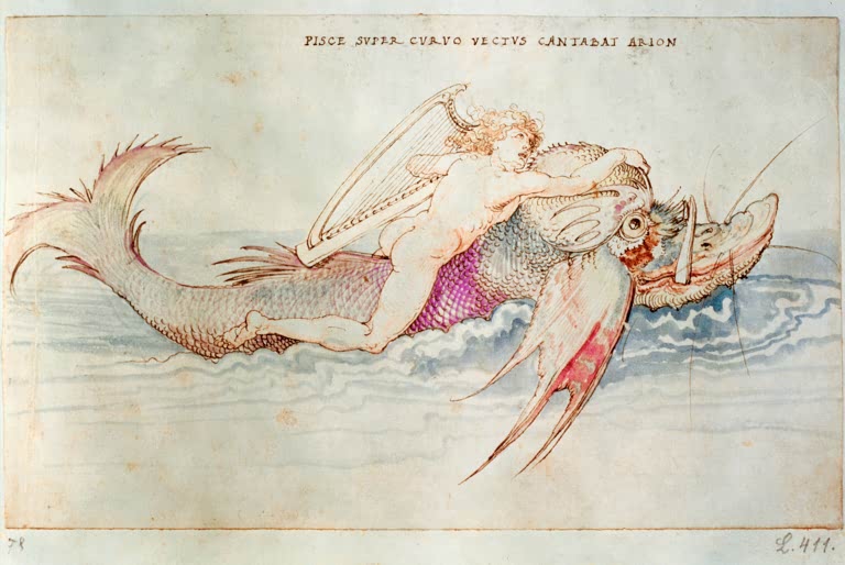 Kunstdruck von „Arion wird von einem Delphin gerettet“ von Albrecht Dürer. Mythologische Renaissance-Darstellung der Rettung des Arion, in Deutschland handgefertigt.
