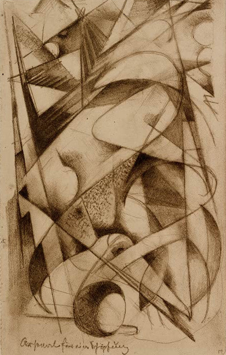 Kunstdruck des Gemäldes „Arsenal für eine Schöpfung“ von Franz Marc. Hochwertig in Deutschland von Hand gefertigt, erhältlich als Poster oder Leinwand und optional gerahmt.