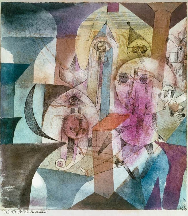 Kunstdruck des Gemäldes „Astrale Automaten“ von Paul Klee – hochwertige Reproduktion eines abstrakten Kunstwerks mit fantasievollen Formen.