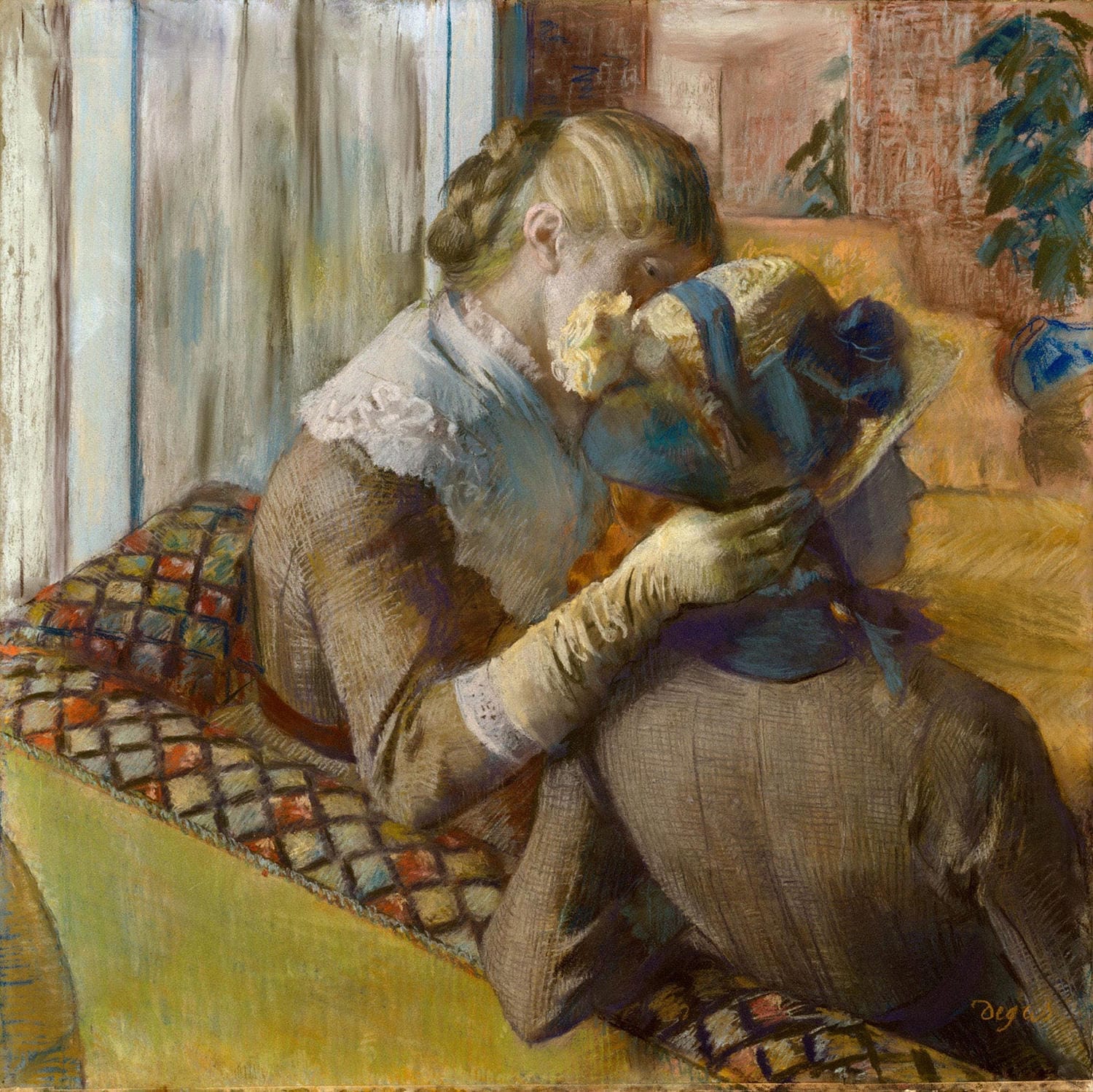Impressionistisches Gemälde von Edgar Degas: Eine elegant gekleidete Frau probiert einen Hut in einem Pariser Modegeschäft. Warme Farben, sanfte Lichtakzente und feine Pastelltöne prägen das Bild.