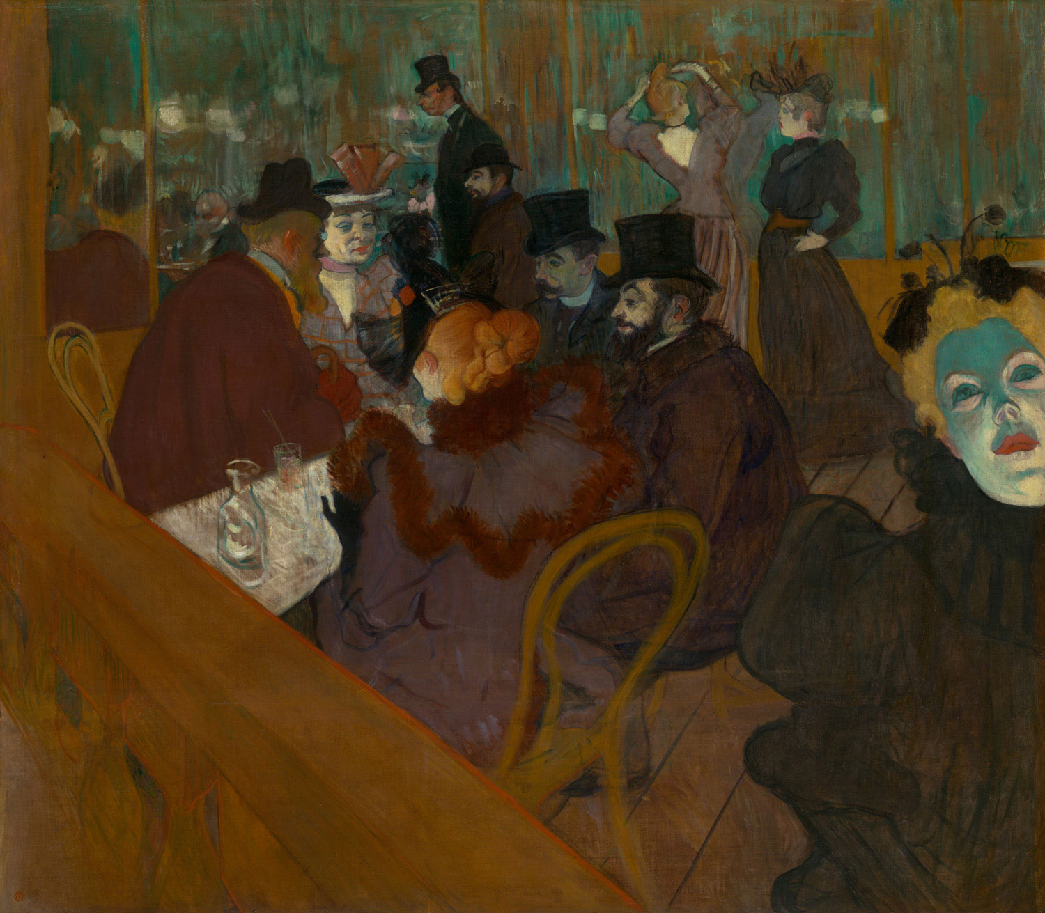 Ein lebendiges Gemälde von Henri de Toulouse-Lautrec: Szenen aus dem Moulin Rouge mit Gästen und Künstlern in einer farbenfrohen, dynamischen Darstellung.