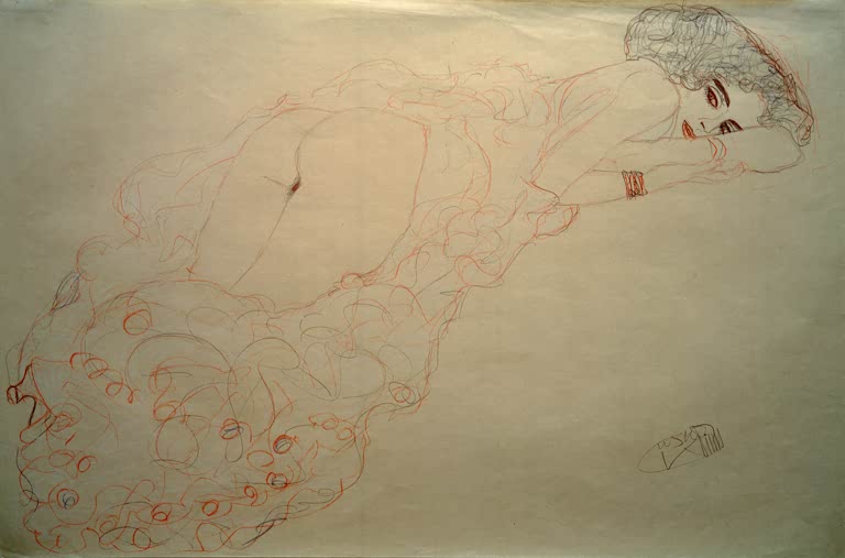 Kunstdruck des Gemäldes „Auf dem Bauch liegender Akt nach rechts“ von Gustav Klimt – hochwertige Reproduktion einer ausdrucksstarken Aktstudie.