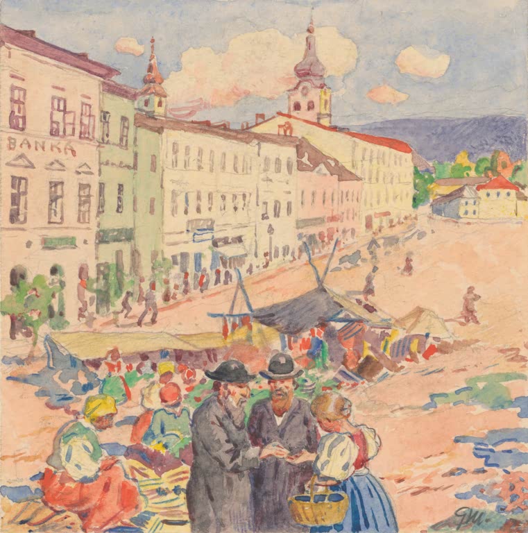 Kunstdruck Auf dem Markt von Gustav Mally mit Figuren und lebendigem Treiben auf einem traditionellen Markt