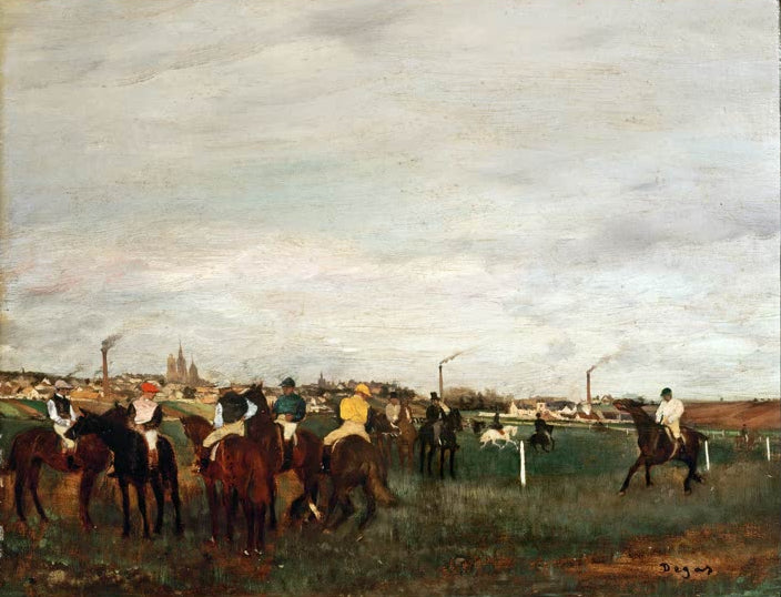 Kunstdruck des Gemäldes „Auf dem Sattelplatz“ von Edgar Degas, detailgetreu umgesetzt und hochwertig in Deutschland produziert.