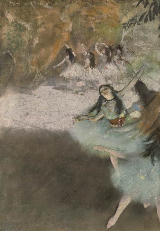 Kunstdruck des Gemäldes „Auf der Bühne“ von Edgar Degas mit einer Darstellung einer Ballettszene im Theater. Hochwertig in Deutschland per Hand gefertigt, erhältlich als Poster oder Leinwand.