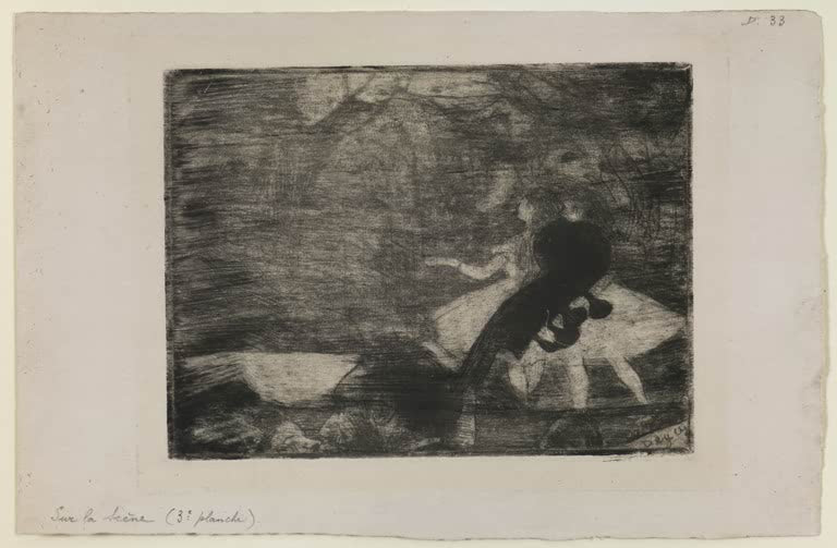 Kunstdruck des Gemäldes Auf der Bühne I von Edgar Degas mit einer Balletttänzerin während einer Bühnenaufführung.