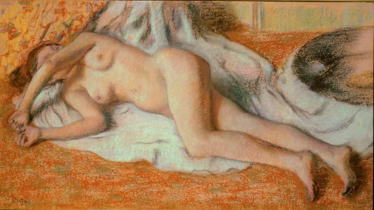 Kunstdruck von „Auf einem Bademantel liegende Frau“ von Edgar Degas, handgefertigt in Deutschland als Leinwand oder Poster erhältlich