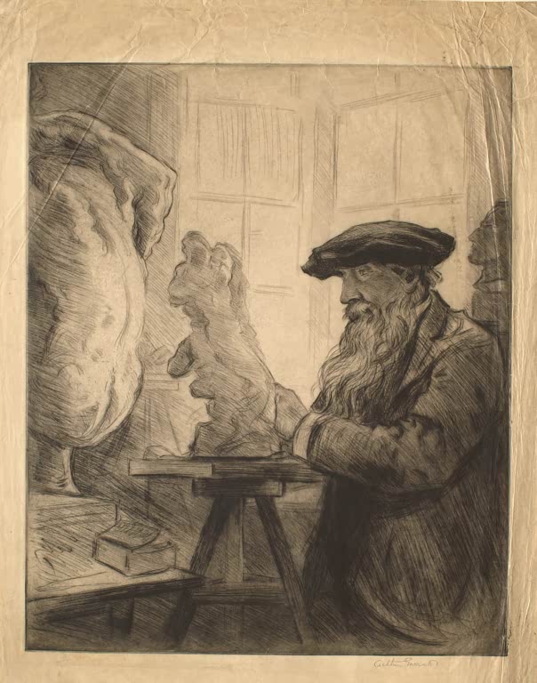 Kunstdruck „Auguste Rodin bei der Arbeit“ von Arthur Paine Garratt mit dem Bildhauer in seinem Atelier