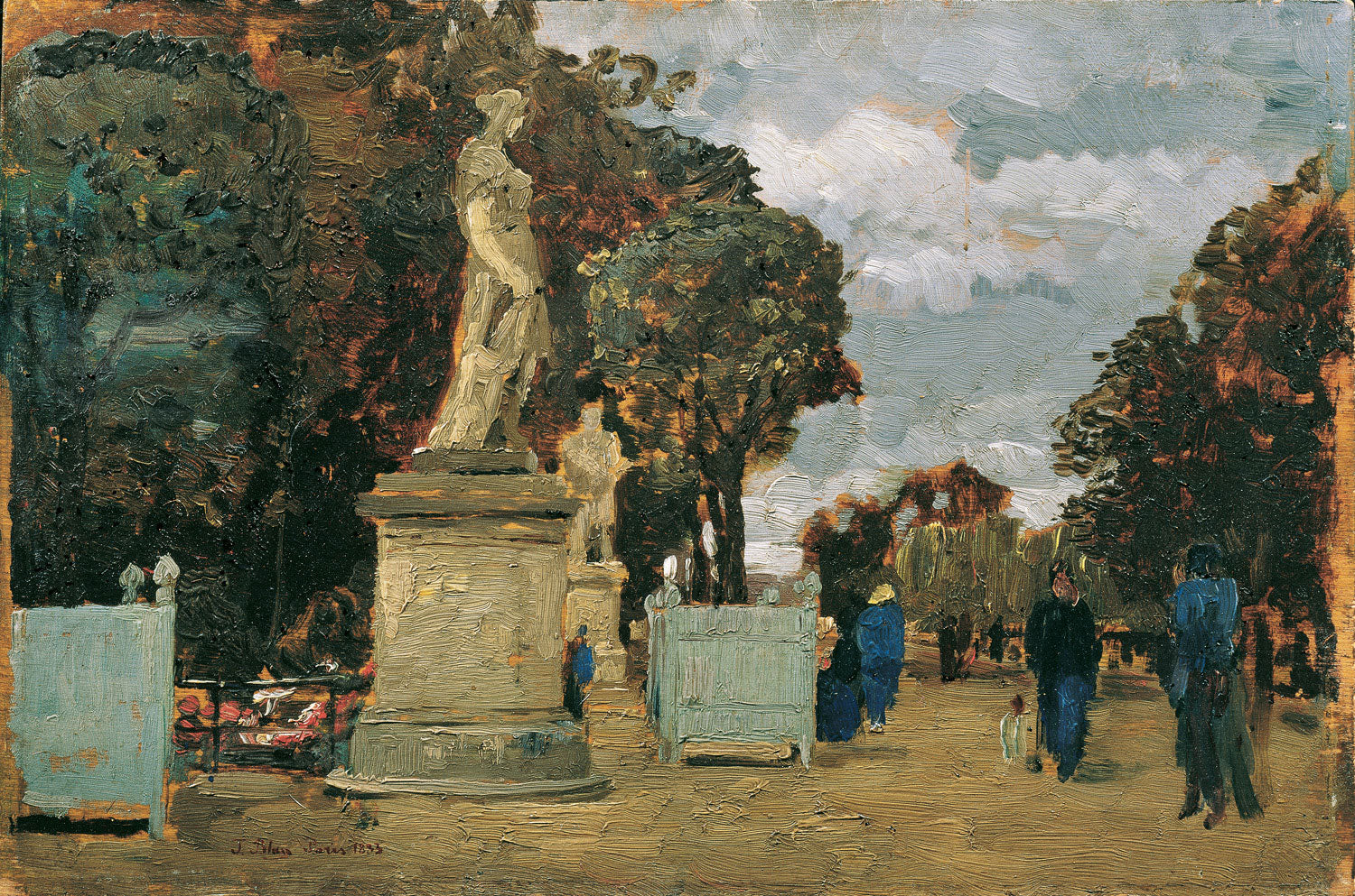 Aus den Tuilerien – Grauer Tag von Tina Blau: Ein impressionistisches Gemälde, das die ruhige Atmosphäre eines grauen, nebligen Tages im Tuileriengarten in Paris einfängt, mit sanften Farben und feinen Details der Natur und Architektur.