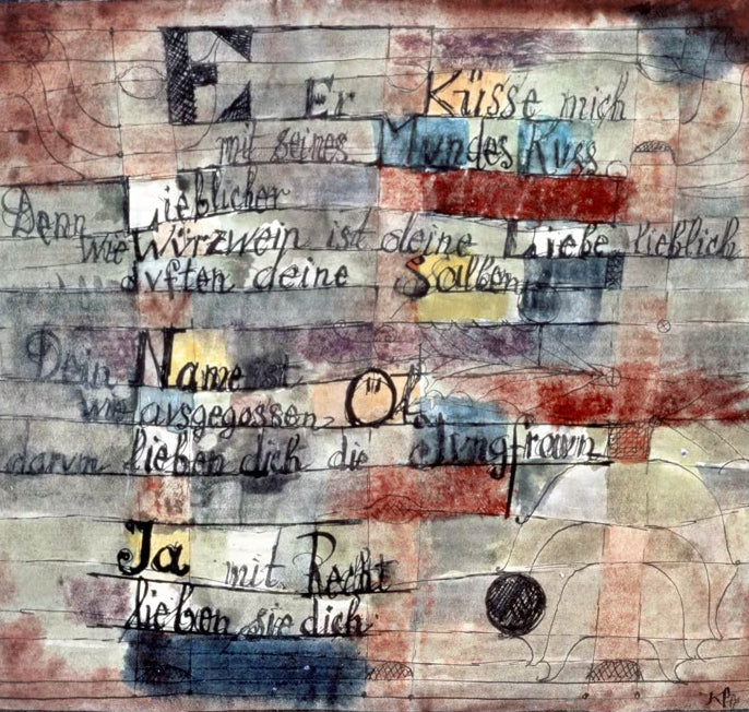 Kunstdruck von „Aus dem Hohen Lied (II. Fassung)“ von Paul Klee mit poetischer Symbolik und abstrakter Farb- und Formensprache.
