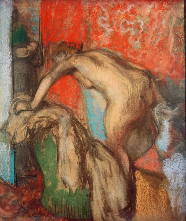 Kunstdruck des Gemäldes Aus der Wanne steigende Frau (Nach dem Bad) von Edgar Degas, handgefertigt in Deutschland