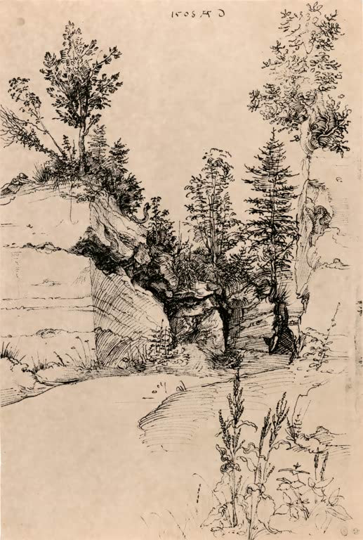 Kunstdruck „Ausgang aus einem Steinbruch“ von Albrecht Dürer mit detailreicher Landschaftsstudie der Renaissance