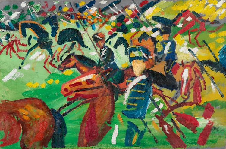 Kunstdruck des Gemäldes „Ausreitende Husaren“ von August Macke. Hochwertig in Deutschland von Hand gefertigt, erhältlich als Poster oder Leinwand und optional gerahmt.