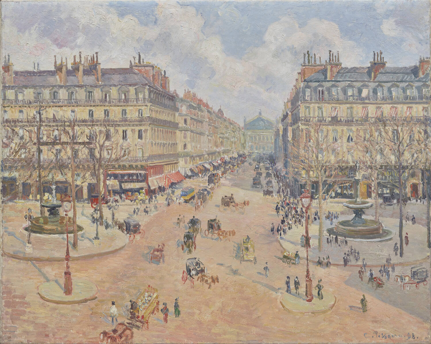 Das Gemälde "Avenue de l'Opéra, Morgensonne" von Camille Pissarro zeigt die Pariser Straßenszene im frühen Morgenlicht. Die Impressionistische Darstellung der belebten Avenue fängt das sanfte Licht der Morgensonne und die lebendige Atmosphäre der Stadt perfekt ein.