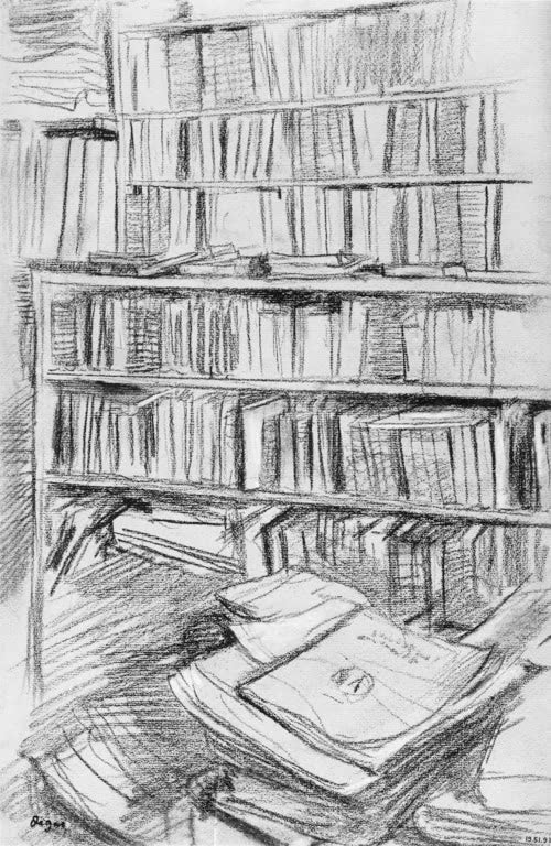 Kunstdruck des Gemäldes Bücherregale von Edgar Degas mit einer Darstellung von Bücherregalen und einer ruhigen Innenraumszene.