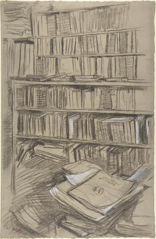 Kunstdruck von „Bücherregale, Studie zu Edmond Duranty“ von Edgar Degas, handgefertigt in Deutschland als Leinwand oder Poster erhältlich