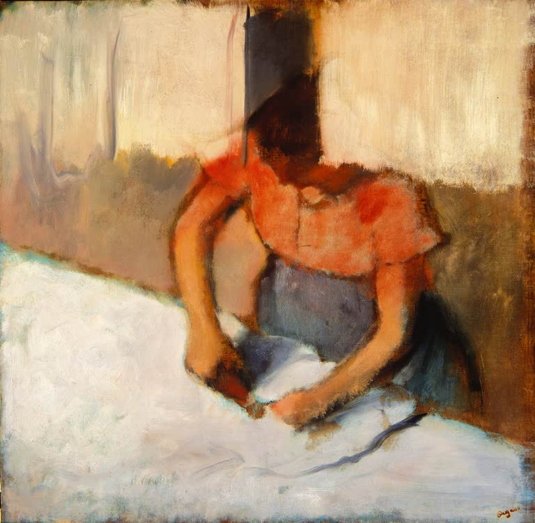 Kunstdruck des Gemäldes Bügelnde Wäscherin von Edgar Degas mit einer Frau beim Bügeln von Wäsche.