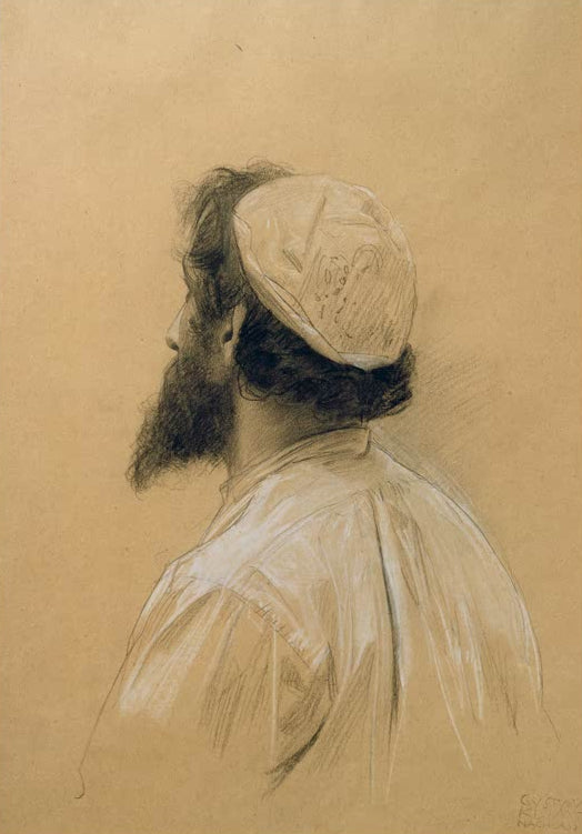 Kunstdruck des Gemäldes „Bärtiger jüngerer Mann mit Kappe im verlorenen Profil“ von Gustav Klimt – hochwertige Reproduktion einer Porträtstudie.