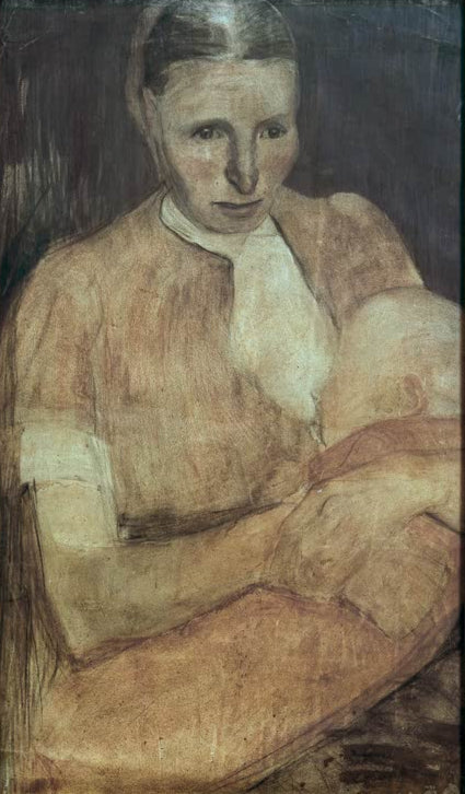 Kunstdruck des Gemäldes Bäuerin mit Kind an der Brust von Paula Modersohn-Becker mit einer Bäuerin, die ihr Kind an der Brust hält.
