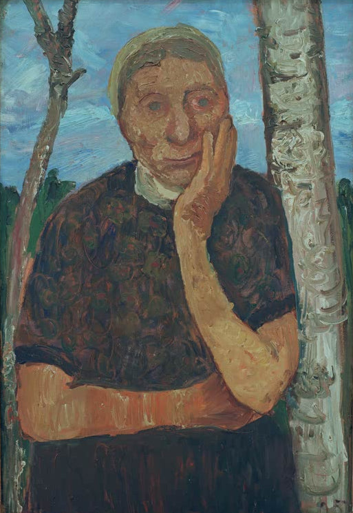 Kunstdruck von Bäuerin zwischen Birken, Halbfigur von Paula Modersohn-Becker – ausdrucksstarkes Porträt in natürlicher Landschaft als hochwertiger Kunstdruck.