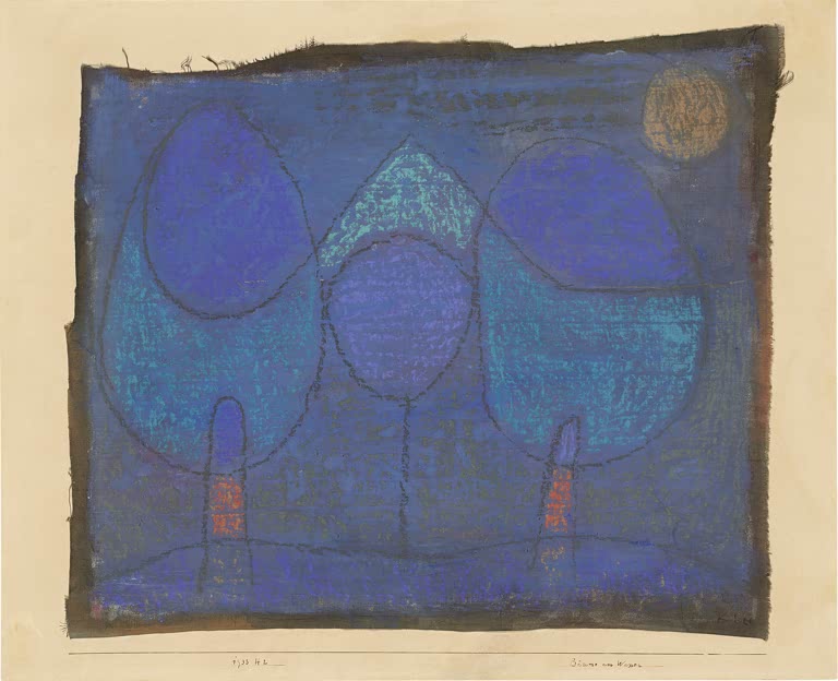 Kunstdruck „Bäume am Wasser“ von Paul Klee mit abstrakter Landschaft aus Bäumen und Wasser

