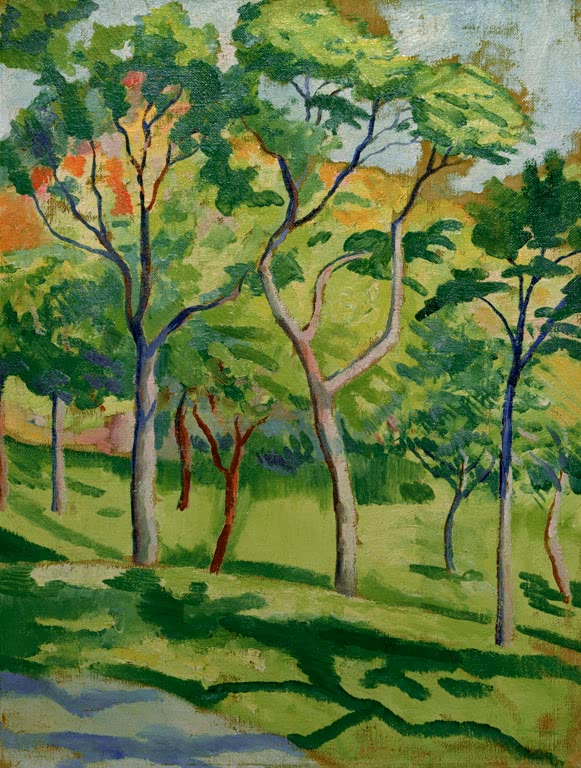Kunstdruck des Gemäldes „Bäume in der Wiese“ von August Macke. Hochwertig in Deutschland von Hand gefertigt, erhältlich als Leinwand oder Poster und optional gerahmt.