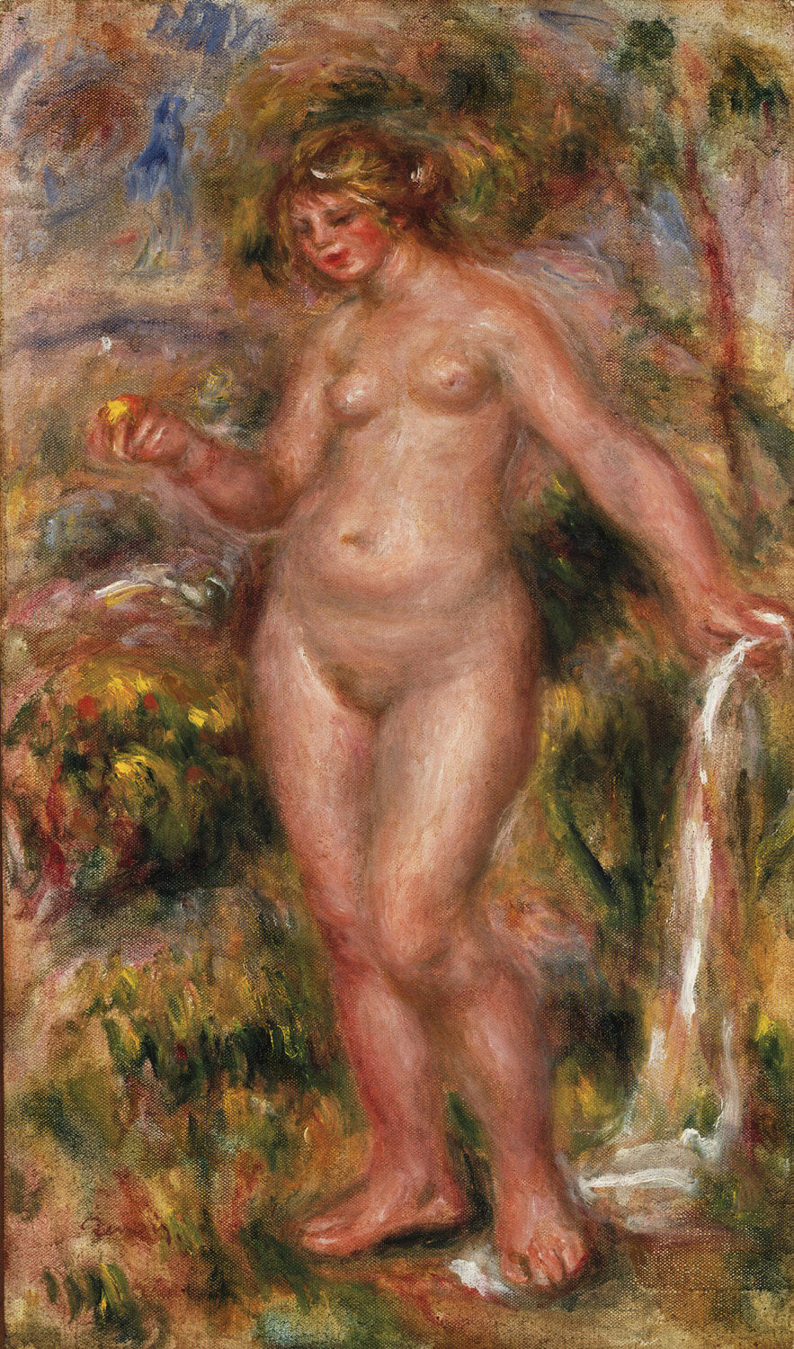 Das Gemälde „Bather“ von Pierre-Auguste Renoir zeigt eine weibliche Figur, die in entspannter Pose am Wasser steht. Mit fließenden Pinselstrichen und sanften Farben fängt Renoir die natürliche Schönheit und sinnliche Ruhe der Szene perfekt ein, was das Werk zu einem klassischen Meisterstück des Impressionismus macht.