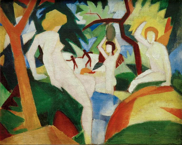 Kunstdruck des Gemäldes „Badende Frauen“ von August Macke. Hochwertig in Deutschland von Hand gefertigt, erhältlich als Poster oder Leinwand und optional gerahmt.
