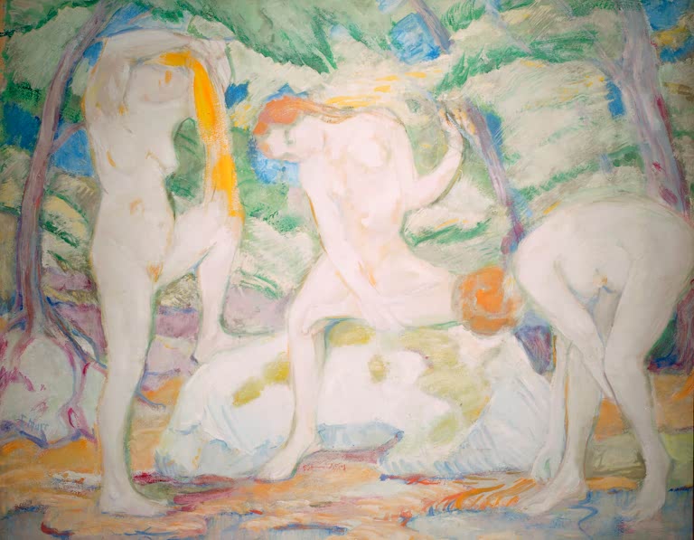 Kunstdruck des Gemäldes „Badende Frauen“ von Franz Marc. Hochwertig in Deutschland von Hand gefertigt, erhältlich als Poster oder Leinwand und optional gerahmt.