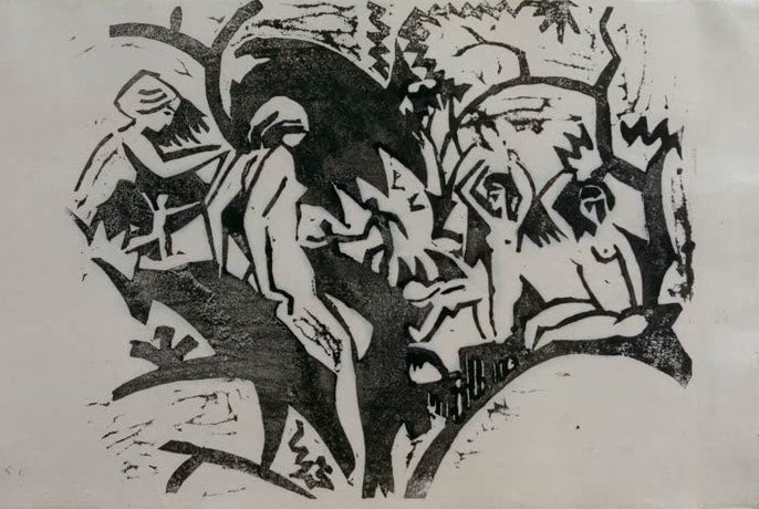 Kunstdruck des Gemäldes „Badende am Bach“ von August Macke. Hochwertig in Deutschland von Hand gefertigt, erhältlich als Poster oder Leinwand und optional gerahmt.
