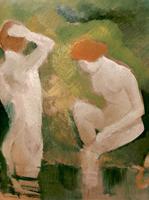 Kunstdruck des Gemäldes „Badende am grünen Abhang“ von August Macke. Hochwertig in Deutschland von Hand gefertigt, erhältlich als Leinwand oder Poster und optional gerahmt.