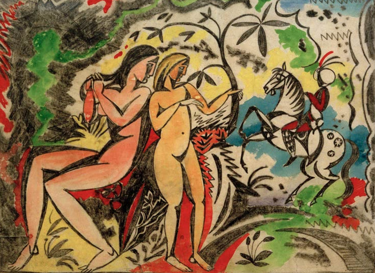 Kunstdruck des Gemäldes „Badende und türkischer Reiter, Stickereientwurf“ von August Macke. Hochwertig in Deutschland von Hand gefertigt, erhältlich als Poster oder Leinwand und optional gerahmt.