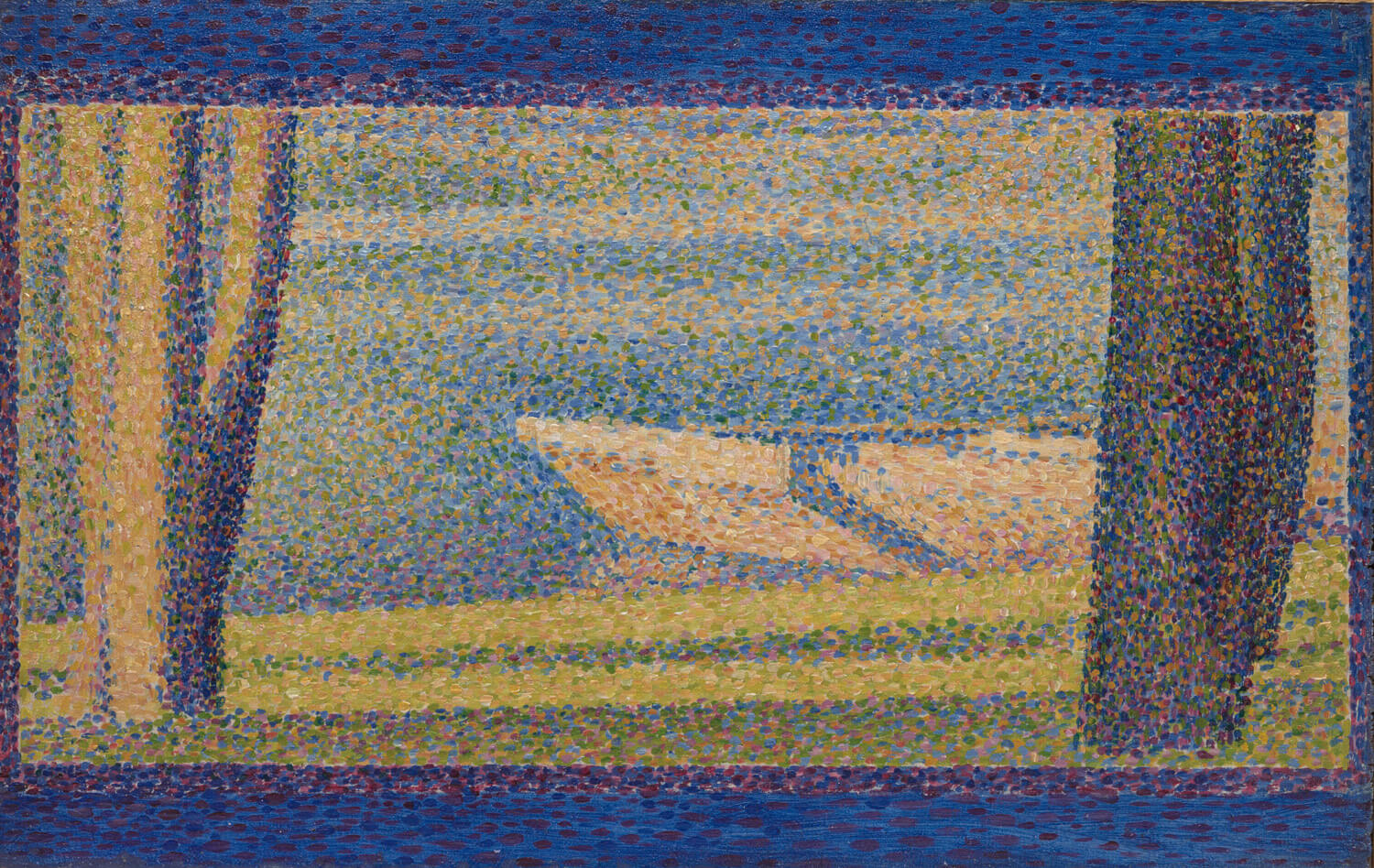 "Bäume und Boote" von Georges Seurat – Ein impressionistisches Gemälde mit ruhigen, am Ufer vertäuten Booten unter schattigen Bäumen, geschaffen in der Pointillismus-Technik.