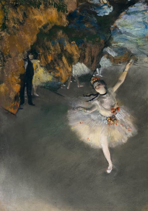 Kunstdruck des Gemäldes „Ballet“ von Edgar Degas mit einer eleganten Darstellung von Balletttänzerinnen. Hochwertig in Deutschland per Hand gefertigt, erhältlich als Poster oder Leinwand.