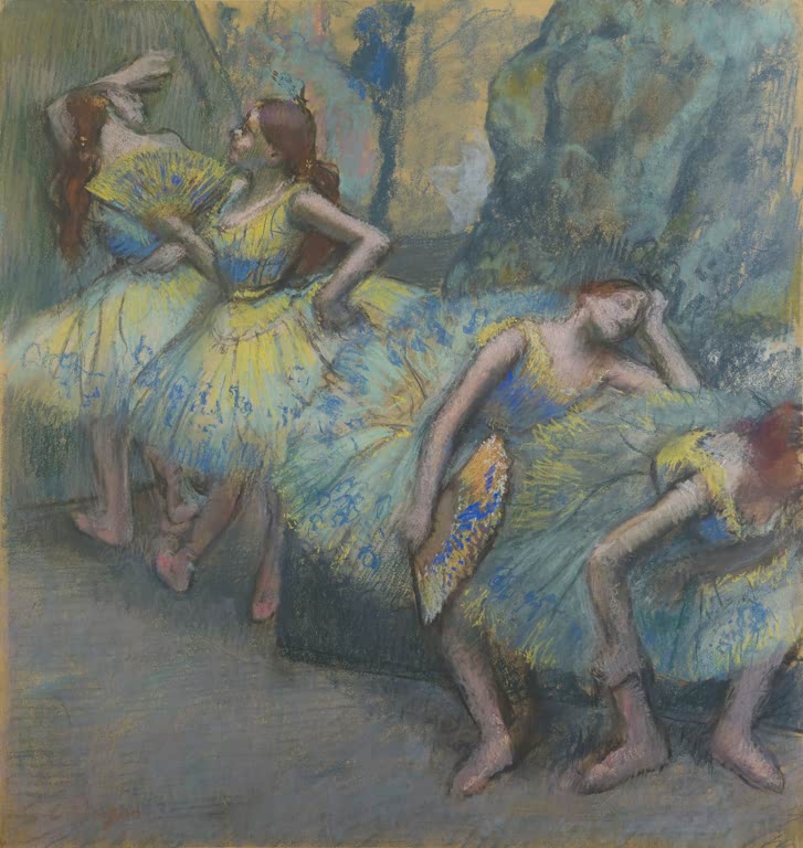 Kunstdruck des Gemäldes Balletttänzerinnen in der Kulisse von Edgar Degas mit mehreren Tänzerinnen hinter der Bühnenkulisse.