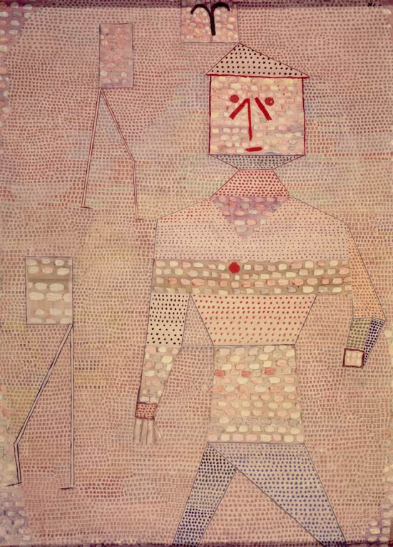 Kunstdruck von „Barbarenfeldherr“ von Paul Klee mit stilisierter Figur und ausdrucksstarker abstrakter Formensprache.
