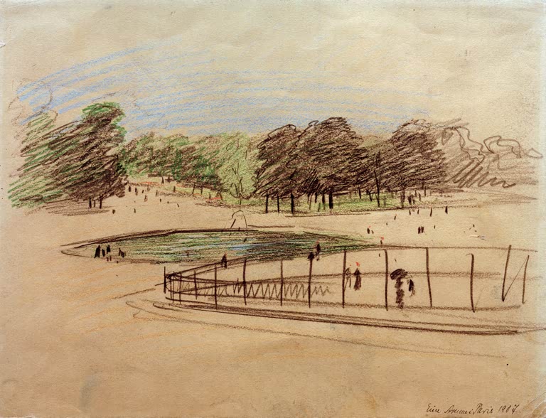 Kunstdruck des Gemäldes „Bassin im Jardin des Tuileries“ von August Macke. Hochwertig in Deutschland von Hand gefertigt, erhältlich als Leinwand oder Poster und optional gerahmt.