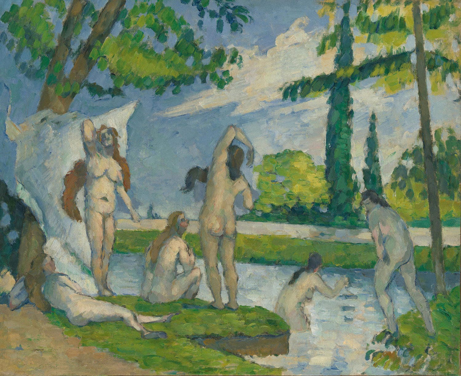 „Badende“ von Paul Cézanne zeigt eine Gruppe von Badenden in einer ruhigen, natürlichen Umgebung. Mit kräftigen Farben und geometrischen Formen fängt das Gemälde Cézannes innovative Herangehensweise an den menschlichen Körper und die Komposition ein, was es zu einem Meisterwerk der modernen Kunst macht.