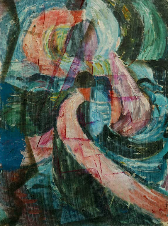 Kunstdruck von „Bau unter einem Wasserfall, eine Überquerung“ von Paul Klee mit abstrakter Architektur und fantasievoller Landschaftsdarstellung.