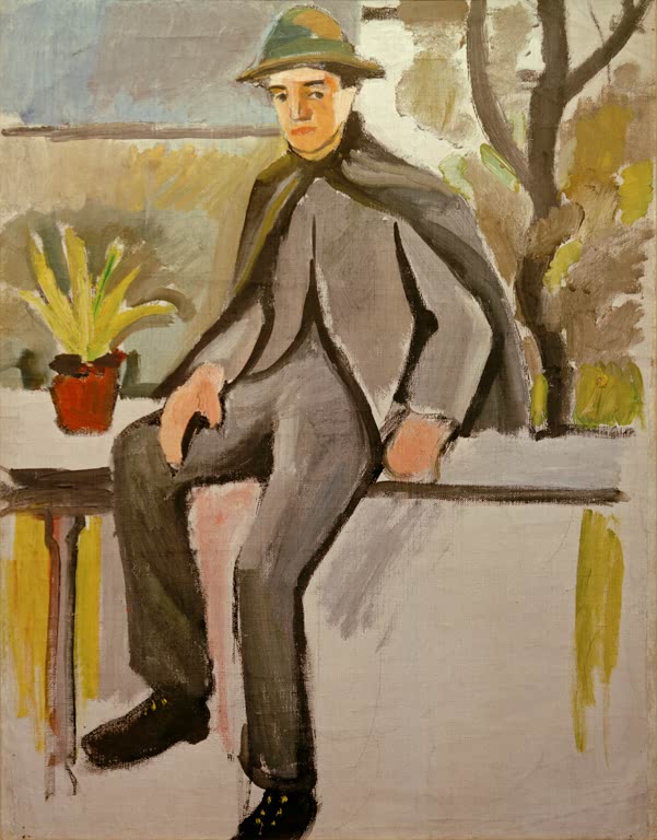 Kunstdruck des Gemäldes „Bauernbursche auf Balkon“ von August Macke. Hochwertig in Deutschland von Hand gefertigt, erhältlich als Poster oder Leinwand und optional gerahmt.