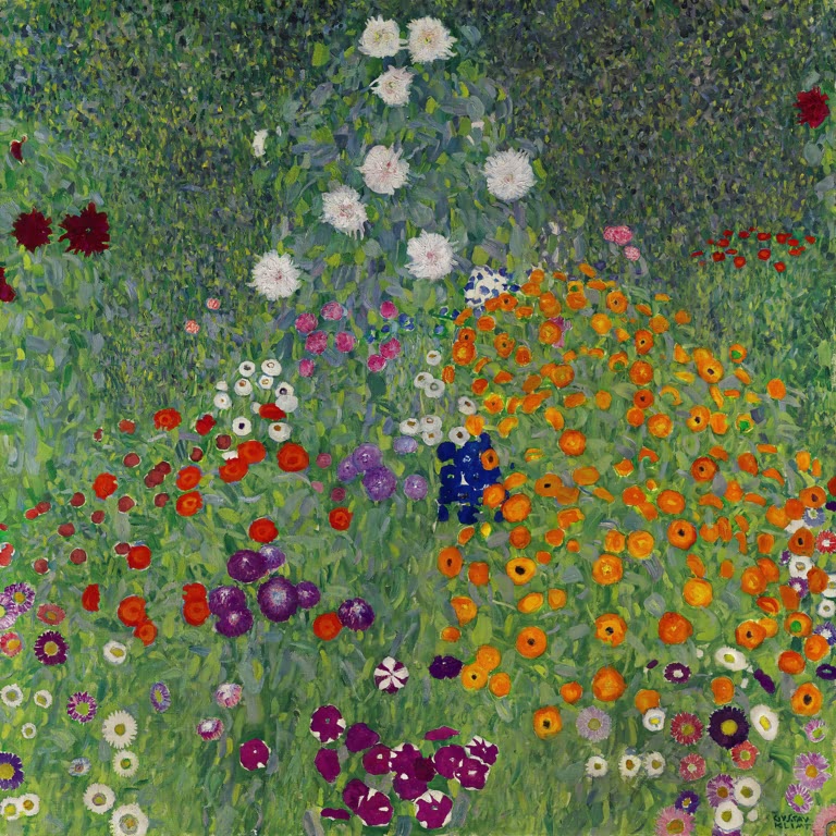 Kunstdruck des Gemäldes „Bauerngarten“ von Gustav Klimt – hochwertige Reproduktion einer farbenfrohen Gartenlandschaft des Jugendstils.