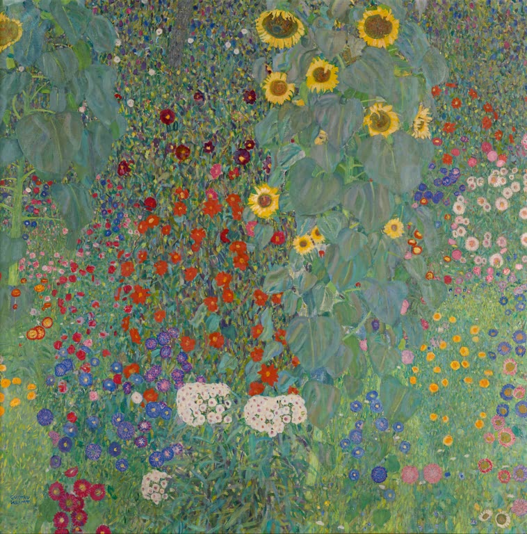 Kunstdruck von „Bauerngarten mit Sonnenblumen“ von Gustav Klimt mit farbenprächtiger Blumenlandschaft und detailreicher Naturdarstellung. In Deutschland von Hand gefertigt.