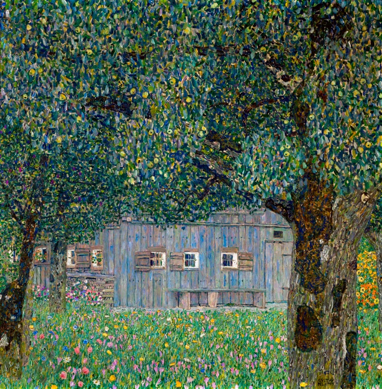 Kunstdruck des Gemäldes „Bauernhaus in Buchberg“ von Gustav Klimt – hochwertige Reproduktion einer idyllischen Landschaftsdarstellung.